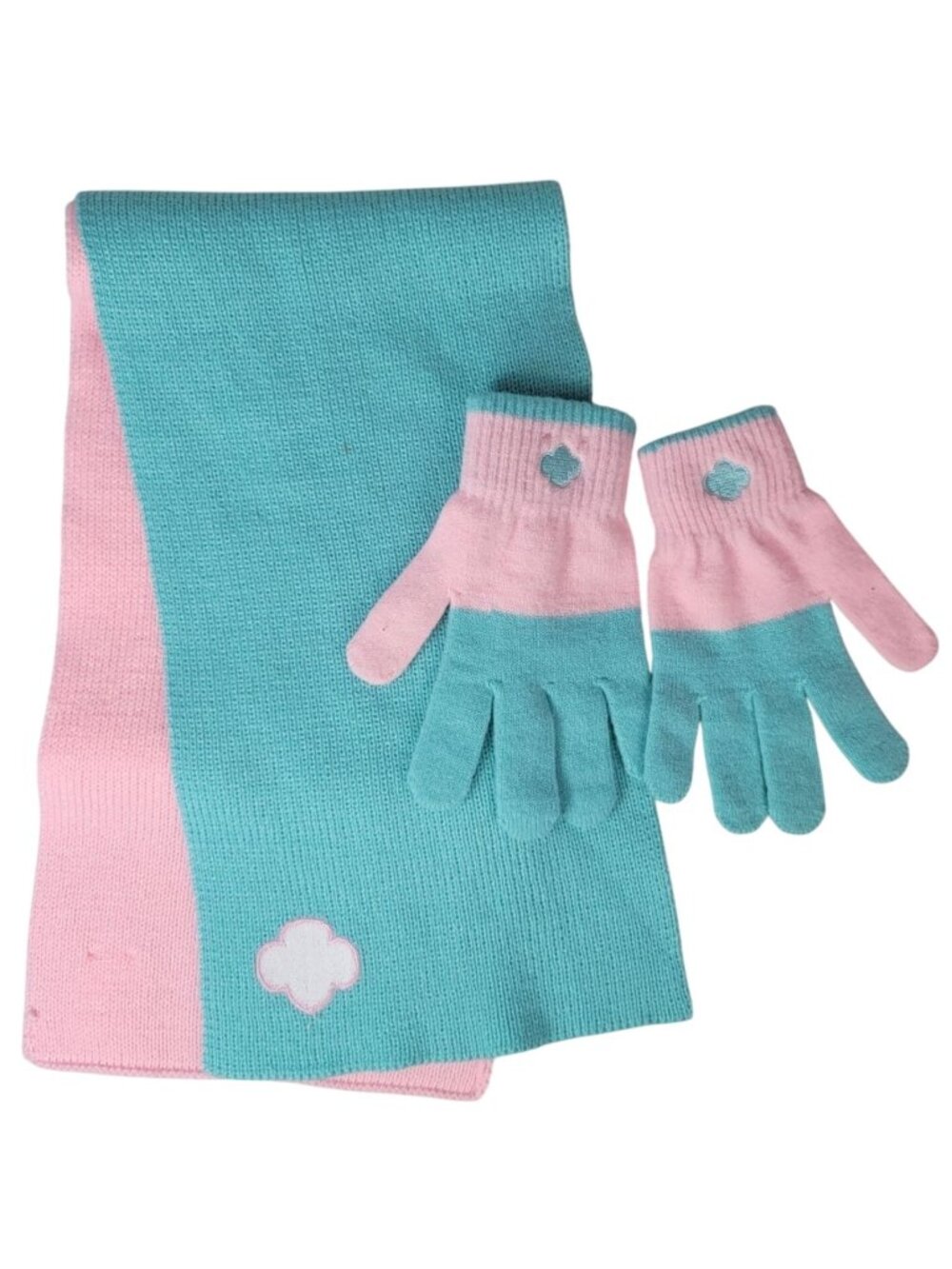 Girl Scouts Scarf And Gloves Set Pink Green Large XL Knit Embroid Logo 50" X 8"